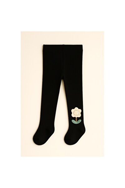 Mixbo - Children's Tights with Sole, Black, Flower, Thick Cotton, 70 cm