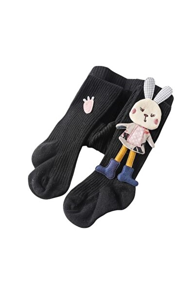 Mixbo Colanți pentru copii cu talpă, negri cu iepuraș, bumbac gros 60 cm