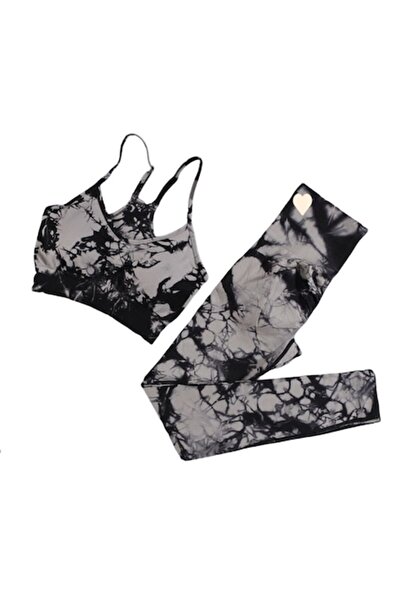 Mixbo Tie-Dye 2-Piece Gym Set - Leggings and Bustier, Grey/Black, M
