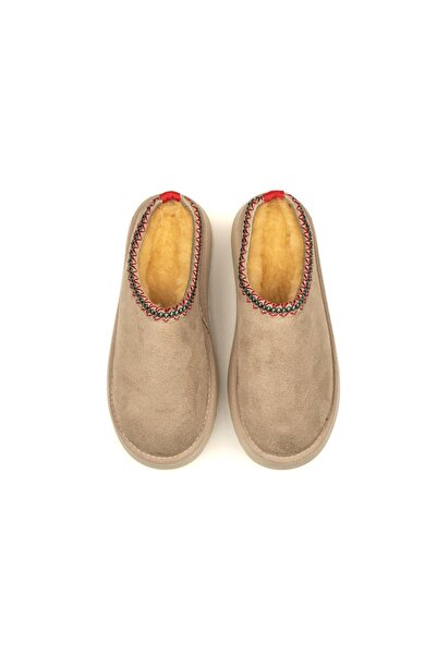 Moda Devrin Παντόφλες με χοντρή σόλα από μάλλινο μπεζ σουέντ