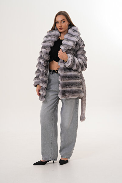 NAVY Midi Length Chinçila Patterned Coat