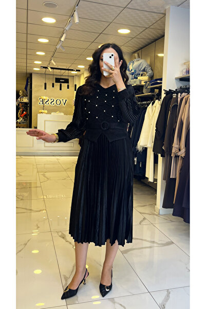 Vosse Ekol Siyah Boncuk Detaylı Kadife Elbise