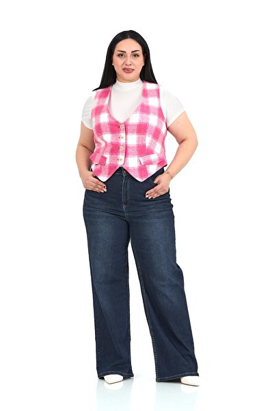 DISENTIS MODEST Plus Size Button Closure Pocket Flap Lined Short Pink Vest