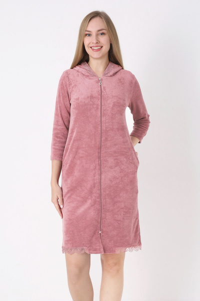 İntensive Φόρεμα από βαμβακερή πετσέτα καφέ γαλακτώδους χρώματος με με κουκούλα τσέπες με φερμουάρ και μανίκια τριών τετάρτων