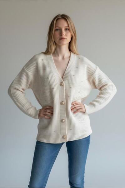 GÖMLEK GALERİSİ سترة كارديجان بقصة عادية وياقة على شكل حرف V مزينة بالخرز