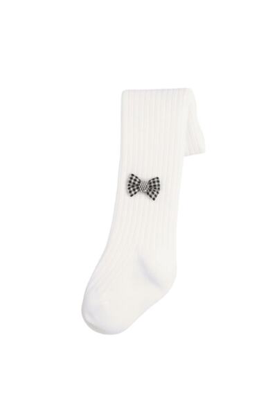 Mixbo colanți pentru copii cu talpă, fundă în carouri, bumbac gros, 0 luni, alb