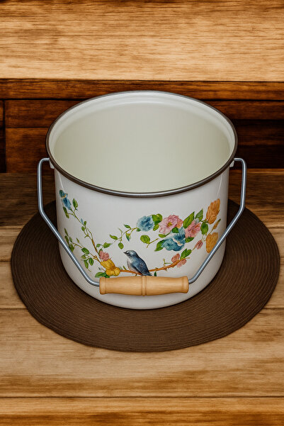 FODİS Enamel Bakraç Yogurt Pot Legume Storage Pot with Bird Pattern 22 cm 5 Liter