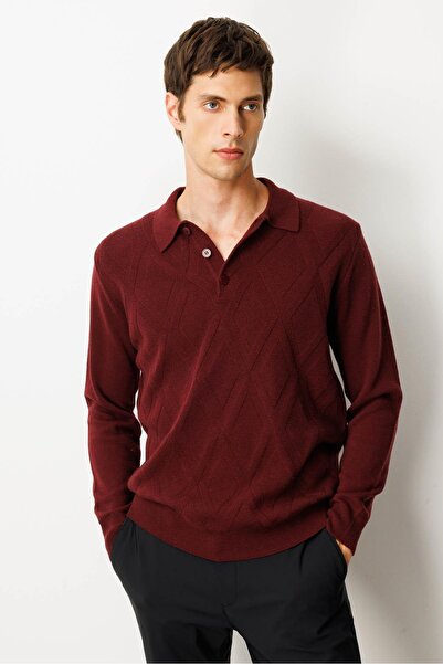 Desen Triko Men's Polo Neck Straw Knit Diamond Pattern Wool Sweater Burgundy