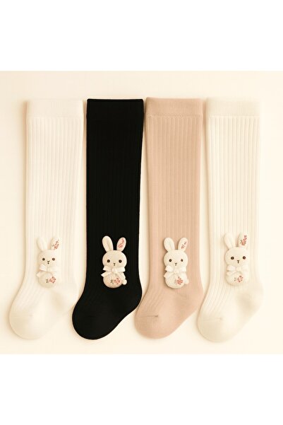 Mixbo Footed Baby Tights with Small Bunny, Thick Cotton, 0-6 Months, Cream
