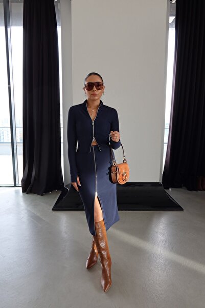 Özge Özgenç Boydan Zippered Self Corded Fabric Knitwear Skirt Set