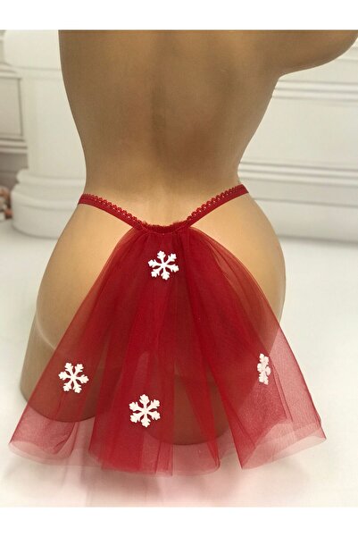 MadyaButik Christmas, New Year's Gift, Women's Red Lace Tulle Thong with Snowflake Detail on the Back, String Model