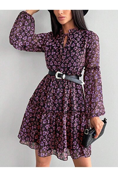 mass fashion Kadın Şifon Çiçek Desenli Elbise