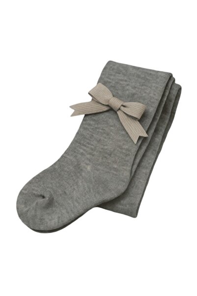 Mixbo - Children's tights, thick cotton, cream bow, light grey, 1-2 years