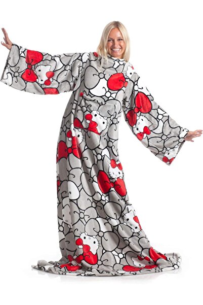 Kanguru Deluxe Hello Kitty Super Soft Fleece Blanket with Sleeves, Pouch Pocket, White, 140 x 180 cm