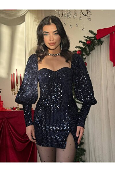 Genel Markalar Balon Kol Kalp Yaka Payet Elbise