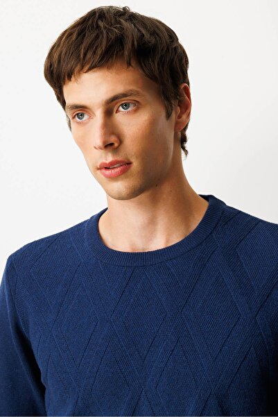 Desen Triko Men's Crew Neck Straw Knit Baklava Wool Sweater Indigo
