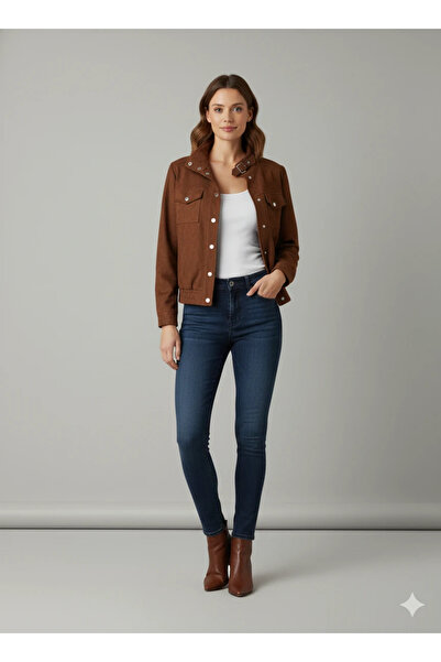 cemo Women's Tan Elegant Short Jacket with Buckle Detail Mock Neck Pockets Suede/Cashmere Spring Jacket