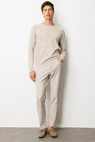 Desen Triko Men's Crew Neck Straw Knit Baklava Wool Sweater V.Beige