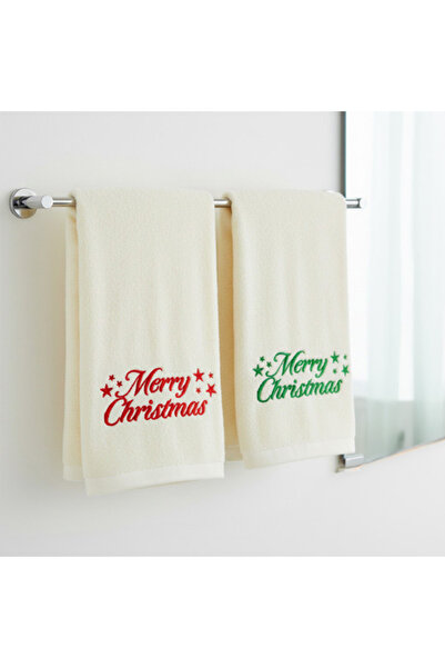zola Set of 2 bath towels, Zola, 50 x100 cm, embroidered Merry Christmas pattern, cotton, white/red/green