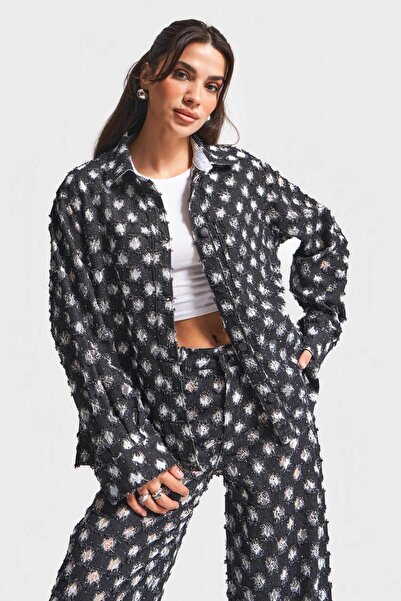 its basic Women's Anthracite 7W5-51 Oversized Special Fabric Design Denim Jacket