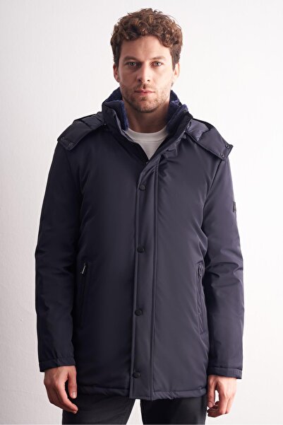 İmza Light Navy Blue Hooded Mock Neck Slitless Flexible Classic Coat 1008255165