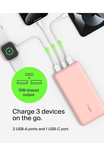 Belkin 20000mAh Power Bank 20K Portable Charger 15W 3 Ports USB C Battery Pack for iPhone Samsung