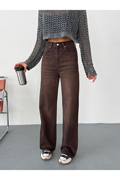 XBELLA DENİM Women's Brown Washed Wide-Leg Jeans High Waist Wide Leg Pants