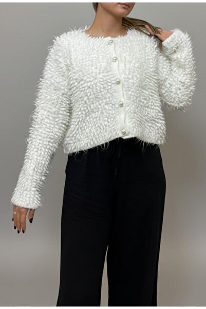 Afri Women's Cream Buttoned Cardigan – Soft Fuzzy Textured Warm Knitwear Cardigan