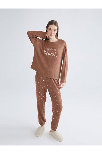 LC Waikiki LCW DREAM Kahverengi Bisiklet Yaka Baskılı Kadın Pijama Takımı