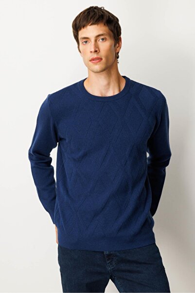 Desen Triko Men's Crew Neck Straw Knit Baklava Wool Sweater Indigo