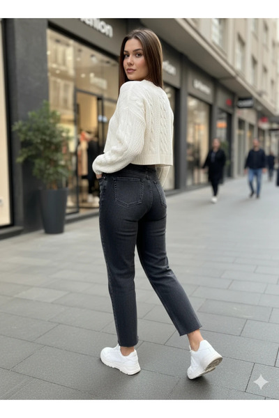 cemo Women's High Waist Mom Jean Raw Hem Detailed Gold Buckled Belted Straight Cut Denim