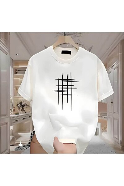 donamod Ανδρικό μπλουζάκι από βαμβακερό Unisex 3 ρίγες τετράγωνο με τύπωμα ασπρόμαυρο