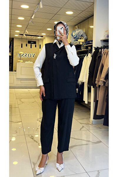 Vosse Tığ Triko Siyah Tek Düğmeli Yelekli Takım