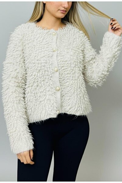 Afri Women's Beige Buttoned Cardigan – Soft Fuzzy Textured Warm Knitwear Cardigan