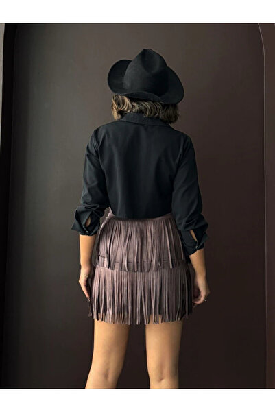 cemo Women's Black Tasseled Mini Skirt Layered Fringed Suede/Scuba Fabric Evening Dress Party Skirt