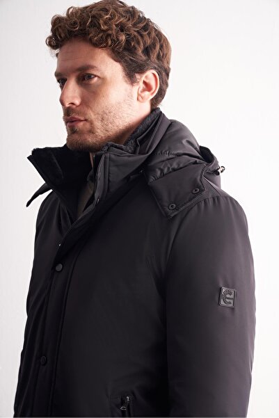 İmza Black Removable Hooded Mock Neck Slitless Flexible Classic Coat 1008255165