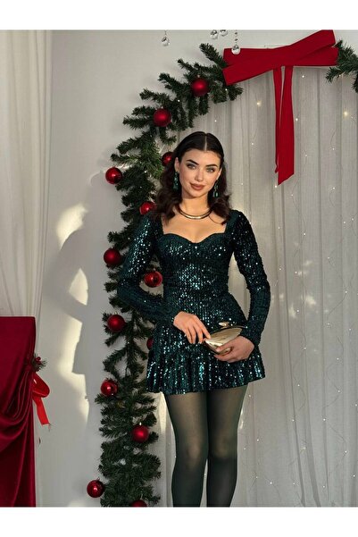 EtikaOnline Kadın Pileli Kalp Yaka Tasarım Payet Elbise