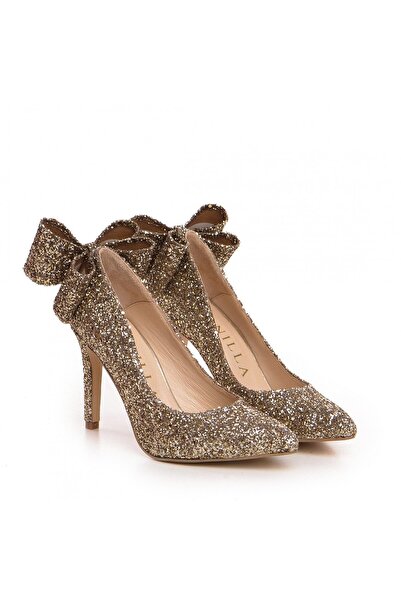 Vanilla Days Χρυσές Γόβες Στιλέτο Κλεοπάτρα με Γκλίτερ και Φιόγκο, Μεσαίο Στι...