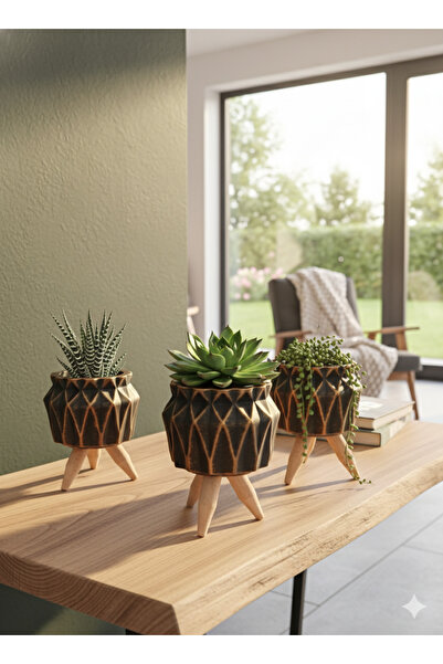 Alba Home Decor Ahşap Ayaklı Dekoratif Beton saksı Seti