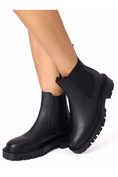 RUJO Siyah Hakiki Deri Lastikli Chelsea Kadın Bot