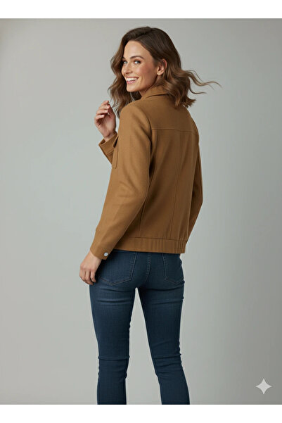 cemo Women's Tan Elegant Short Jacket with Buckle Detail Mock Neck Pockets Suede/Cashmere Spring Jacket