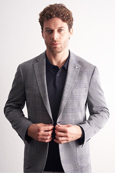 İmza Navy Blue Mono Collar Plaid Pattern Cotton 6 Drop Comfort Fit Classic Jacket 1002255152