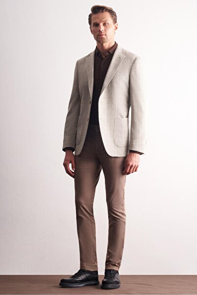 İmza Stone Color Mono Collar Plaid Pattern Cotton 6 Drop Comfort Fit Classic Jacket 1002255152