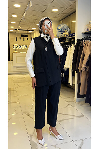 Vosse Tığ Triko Siyah Tek Düğmeli Yelekli Takım