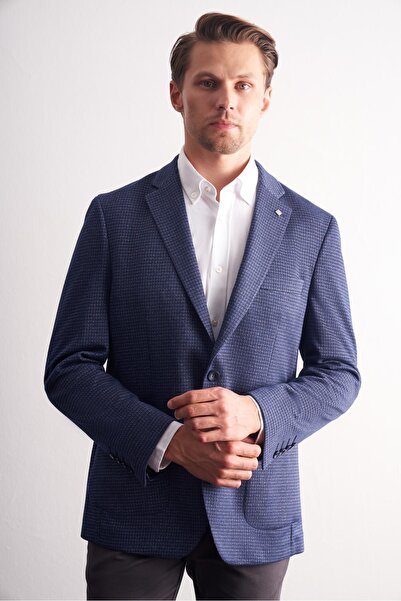 İmza Navy Blue Mono Collar Self-Patterned Stretchable 6 Drop Comfort Fit Classic Jacket 1002255154