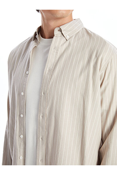 LC Waikiki Beige Regular Fit Long Sleeve Striped Poplin Men's Shirt