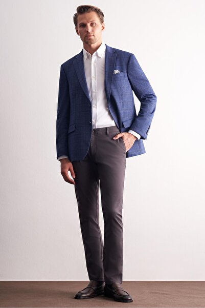 İmza Dark Navy Blue Mono Collar Checkered Pattern Stretchable 4 Drop Comfort Fit Classic Jacket 1002255156