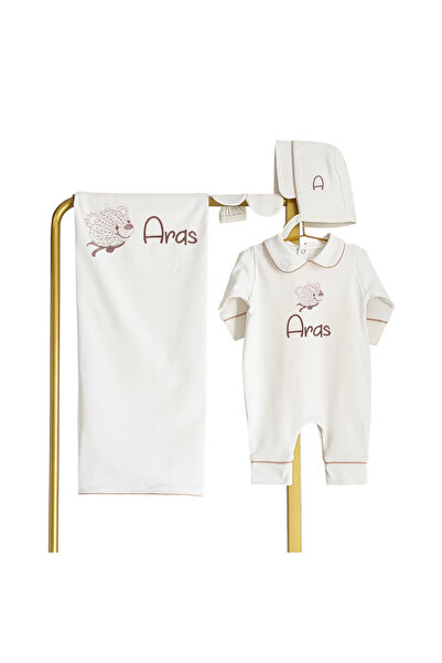 Mis Bebe Minik İnsanların Sarayı Combed Cotton Fabric Beige Piped Striped Ted...