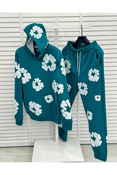 Afri Hooded Green Color Floral Pattern Oversized 3 Thread Men's Tracksuit Set - 100% Cotton