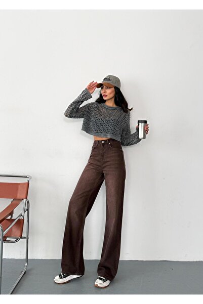 XBELLA DENİM Women's Brown Washed Wide-Leg Jeans High Waist Wide Leg Pants